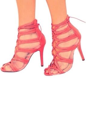 Forever | Coral Red Lace Up Mesh Peep Toe Heels Sandals NEW